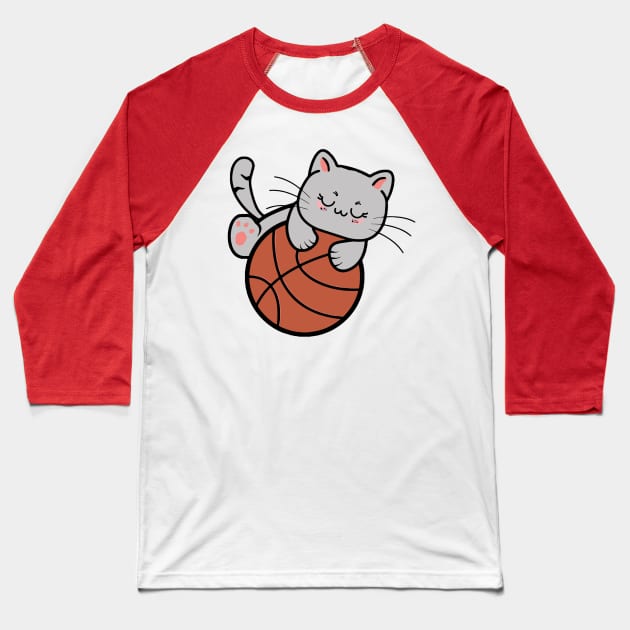 Cute Cat Playing Basketball Player Funny Baseball T-Shirt by Illustradise